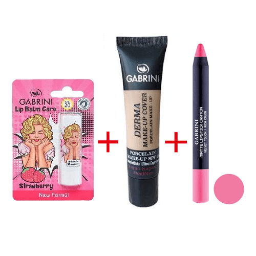 باندل رژ لب مدادی گابرینی + کرم پودر درما گابرینی +بالم لب توت فرنگی گابرینی
